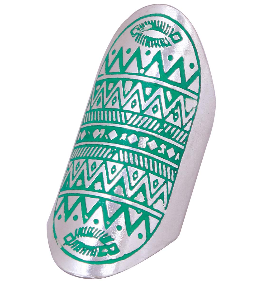 Bulk Wholesale Handmade Broad Adjustable Ring in Metal with Silver Color Finish – Decorated with Traditional Motifs in Green Color – Fashion Accessories / Stylish Jewelry 