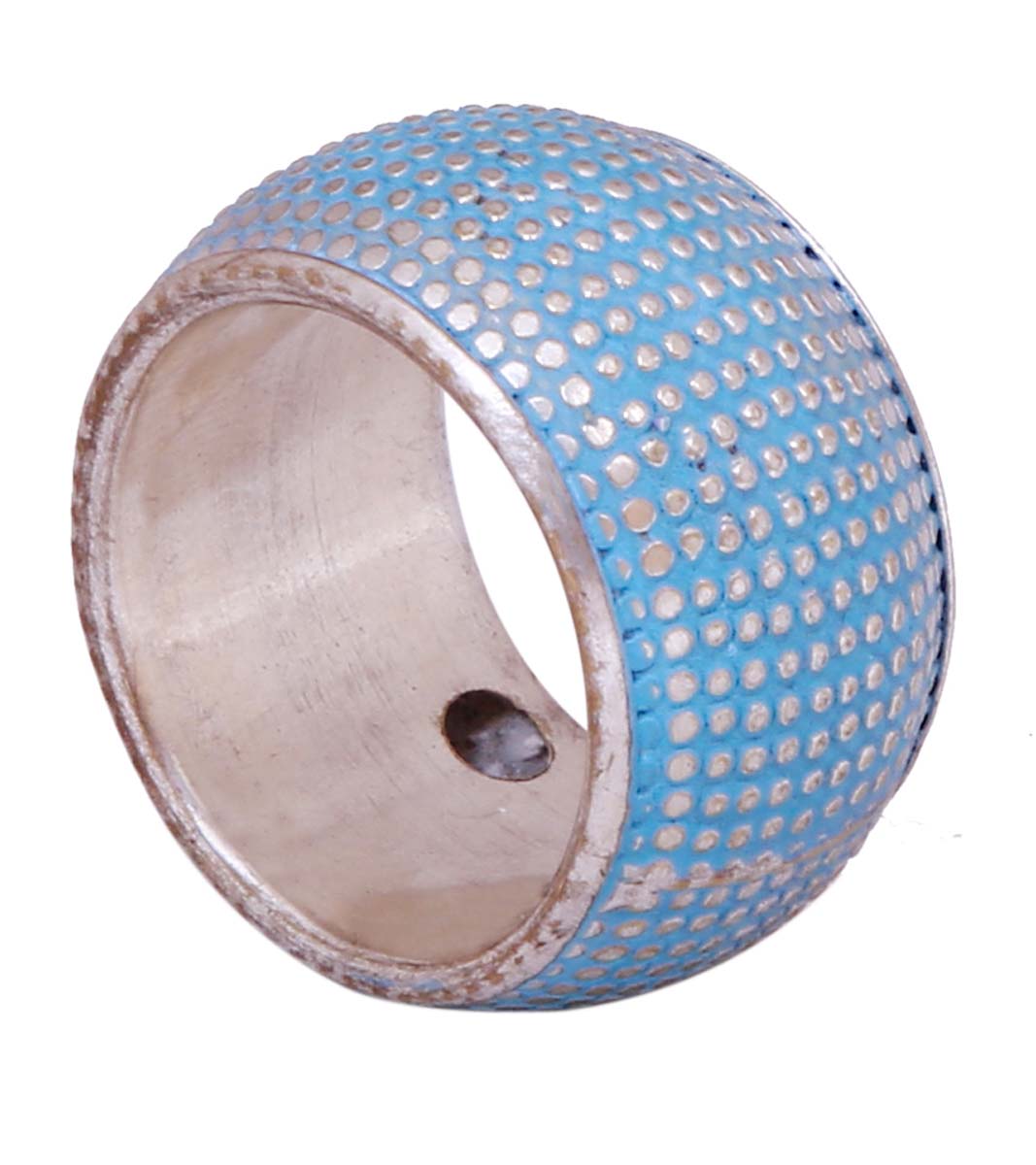 Bulk Wholesale Handmade Blue Color Broad Finger Ring / Wide Band in Metal with Silver Finish – Adorned with Dotted Pattern – Fashion Accessories / Jewelry Collection