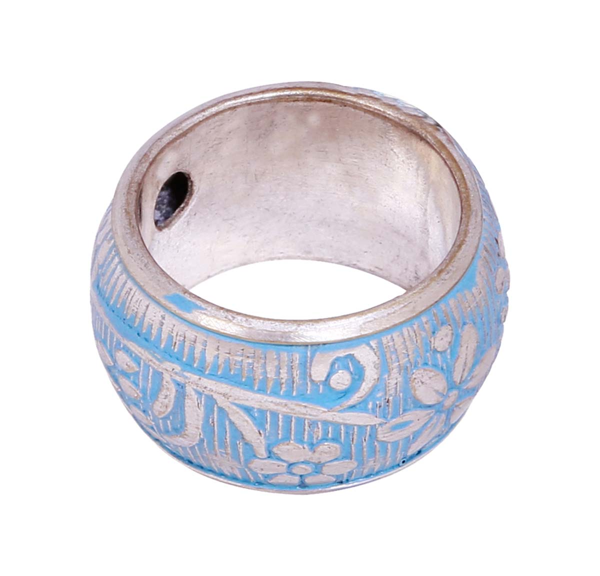 Bulk Wholesale Handmade Blue Color Broad Finger Ring / Wide Band in Metal with Silver Finish – Adorned with Floral Pattern – Fashion Accessories / Jewelry Collection