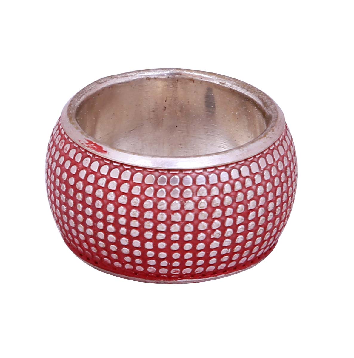Bulk Wholesale Handmade Red Color Broad Finger Ring / Wide Band in Metal with Silver Finish – Adorned with Dotted Pattern – Fashion Accessories / Jewelry Collection