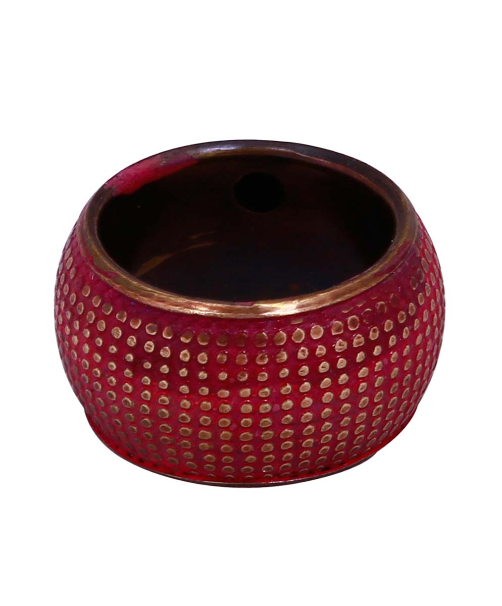 Bulk Wholesale Handmade Red Color Broad Finger Ring / Wide Band in Metal with Dull Golden Finish – Adorned with Dotted Pattern – Fashion Accessories / Jewelry Collection
