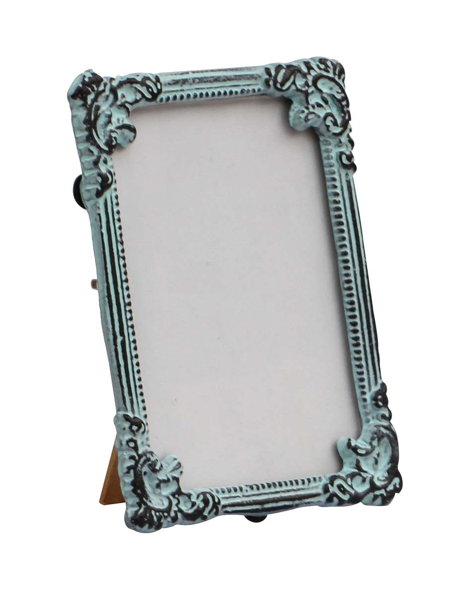 Wholesale Rectangular Light Green Distressed-Look Photo/Picture Frame with Beautiful Carvings on the Edges - Home Decor Picture Frame from India