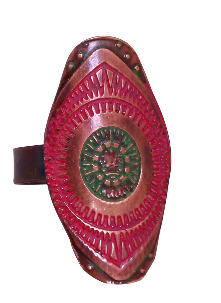 Bulk Wholesale Handmade Antique-Look Broad Finger Ring in Metal – Decorated with Patterns in Red & Green Color – Fashion Accessories / Antique-Look Jewelry