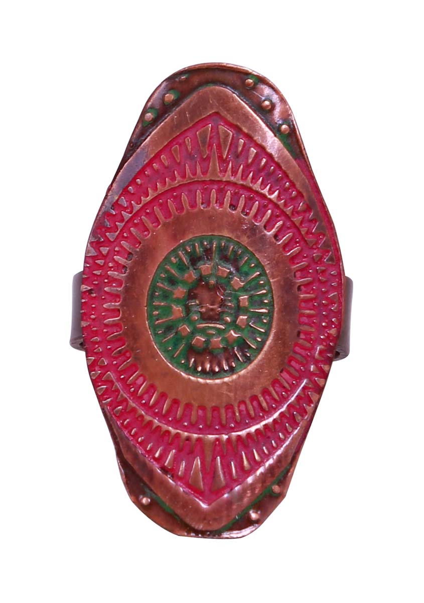 Bulk Wholesale Handmade Antique-Look Broad Finger Ring in Metal – Decorated with Patterns in Red & Green Color – Fashion Accessories / Antique-Look Jewelry