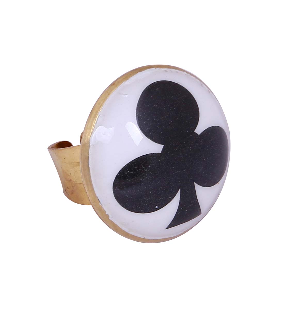 Bulk Wholesale Handmade Adjustable Finger Ring in Metal with Golden Finish – Decorated with a Club Motif of Playing Cards – Fashion Accessories / Trendy Jewelry