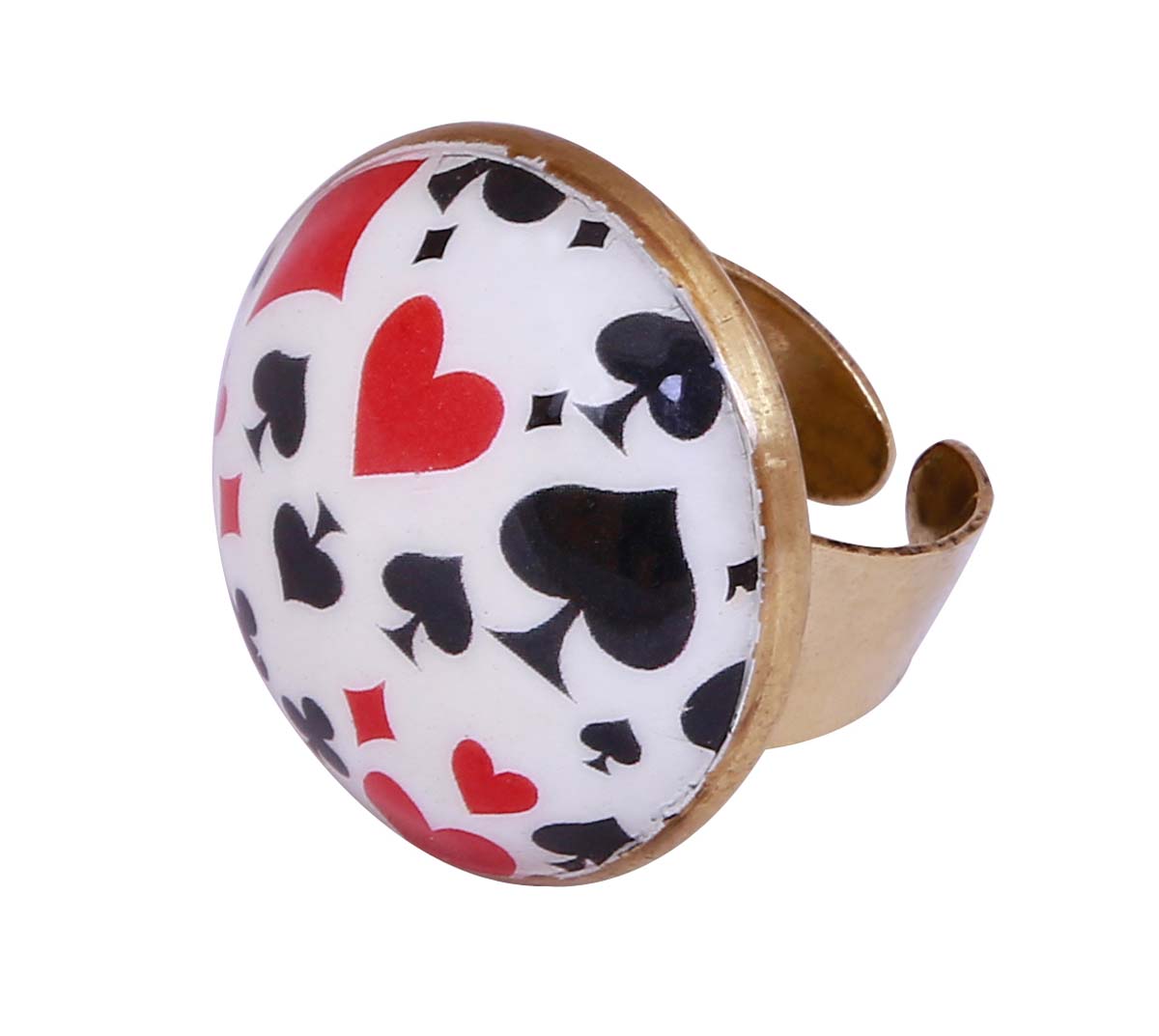 Bulk Wholesale Handmade Adjustable Finger Ring in Metal with Golden Finish – Decorated with a Red & Black Playing Cards Pattern – Fashion Accessories / Trendy Jewelry