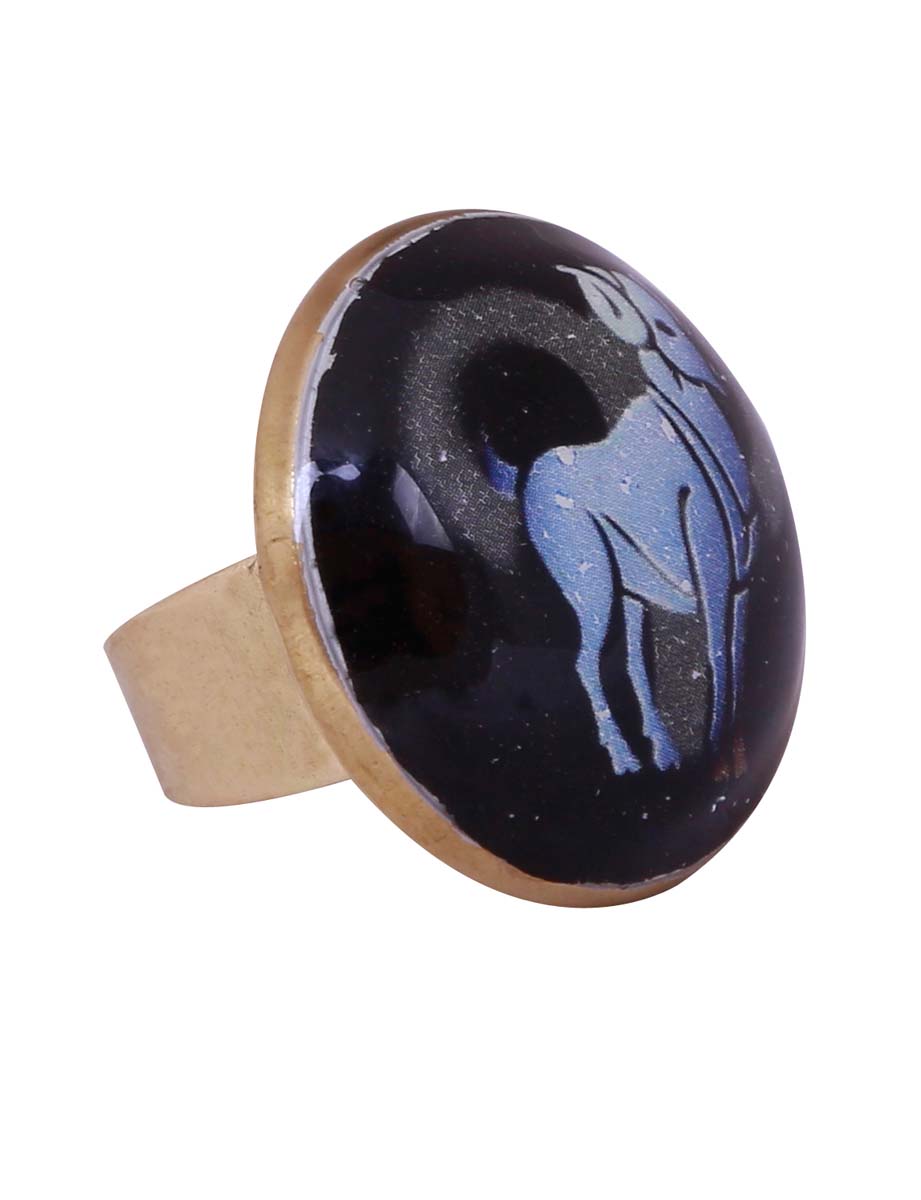Bulk Wholesale Handmade Adjustable Finger Ring in Metal with Aries Zodiac Symbol – The Ram Motif in Light-Blue on a Black Base – Fashion Accessories / Trendy Jewelry