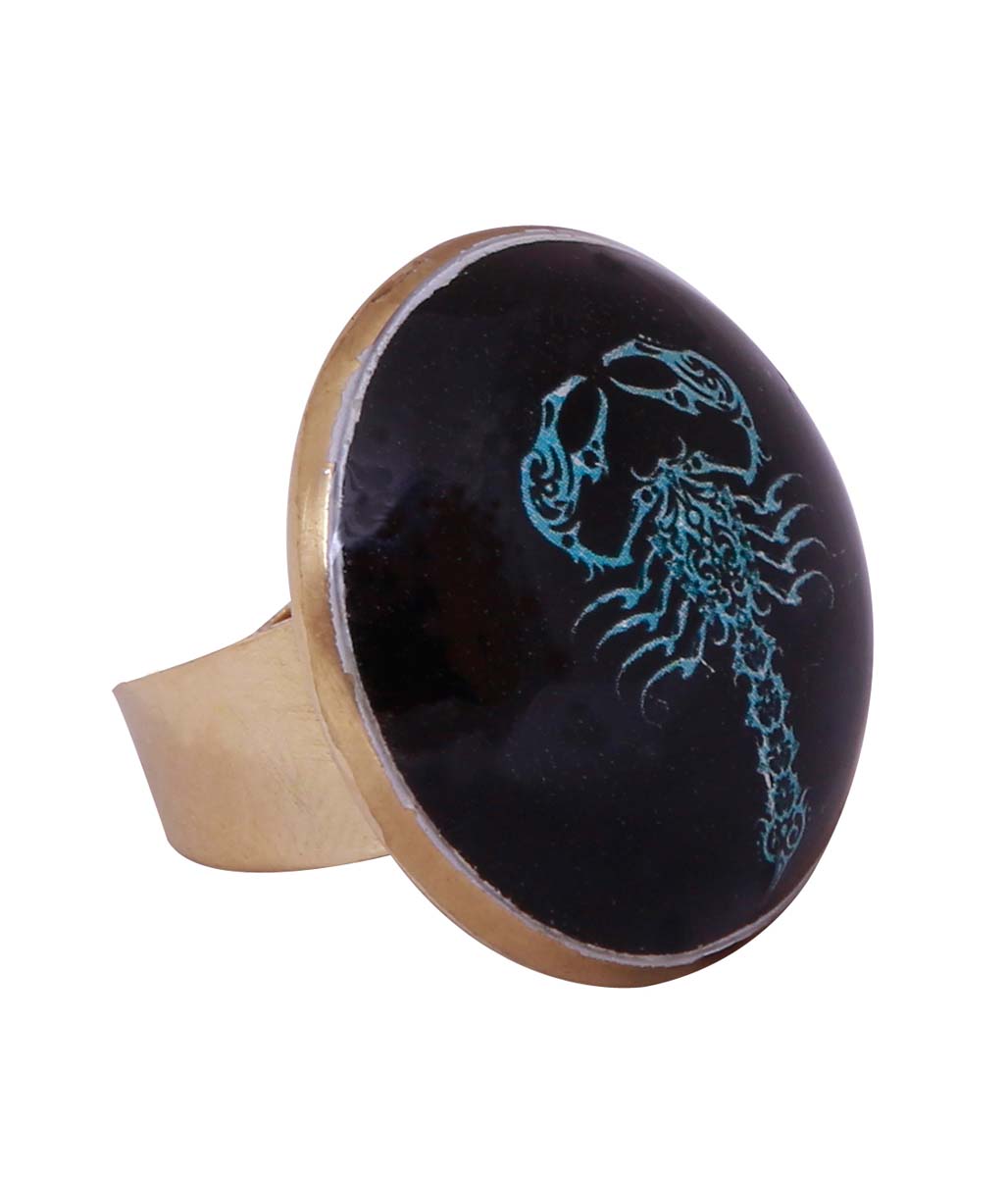 Bulk Wholesale Handmade Adjustable Finger Ring in Metal with Scorpio Zodiac Symbol – The Scorpio Motif in Green over a Black Base – Fashion Accessories / Trendy Jewelry