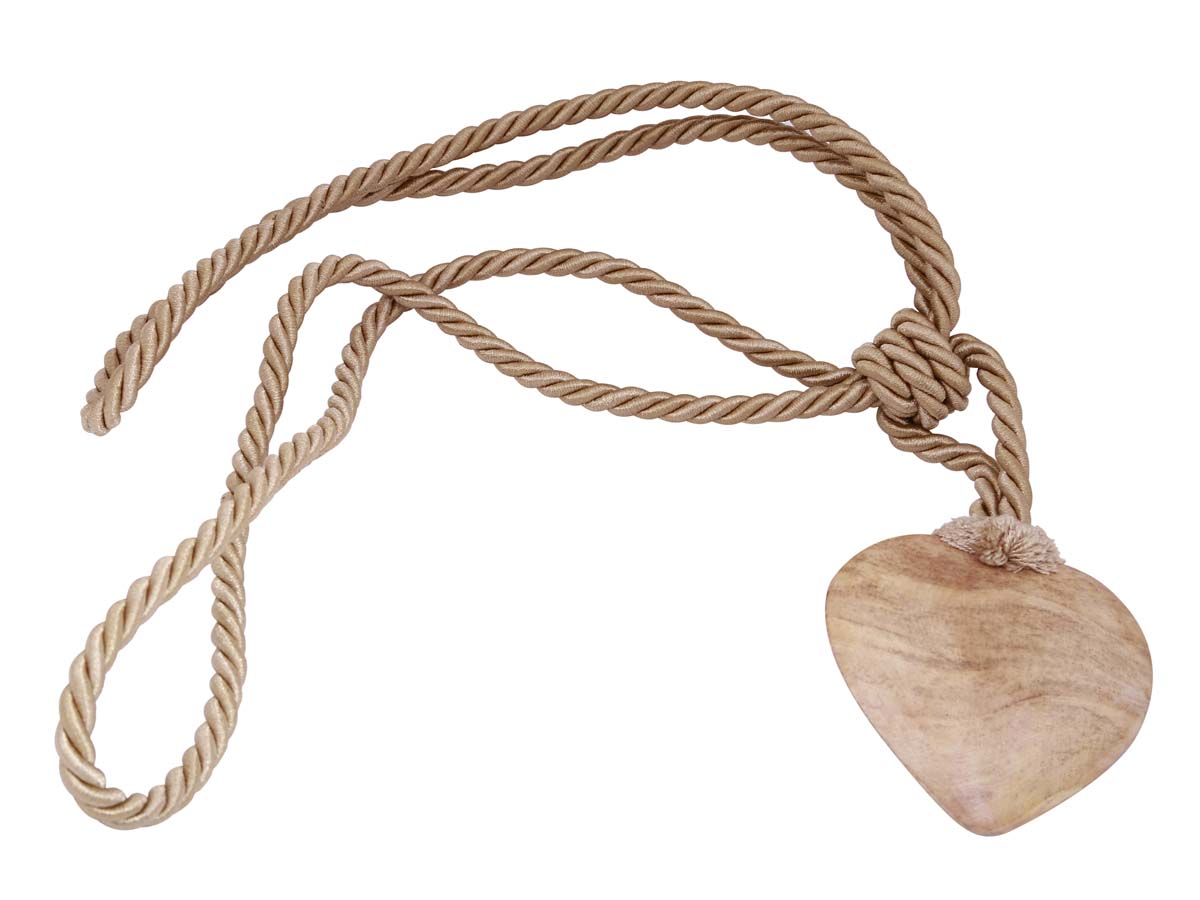 Bulk Wholesale Handmade Light-Brown Curtain Stopper / Tieback in Braided Design – Adorned with a Wooden Heart – Stylish Tying Ropes for Curtains – Home Décor
