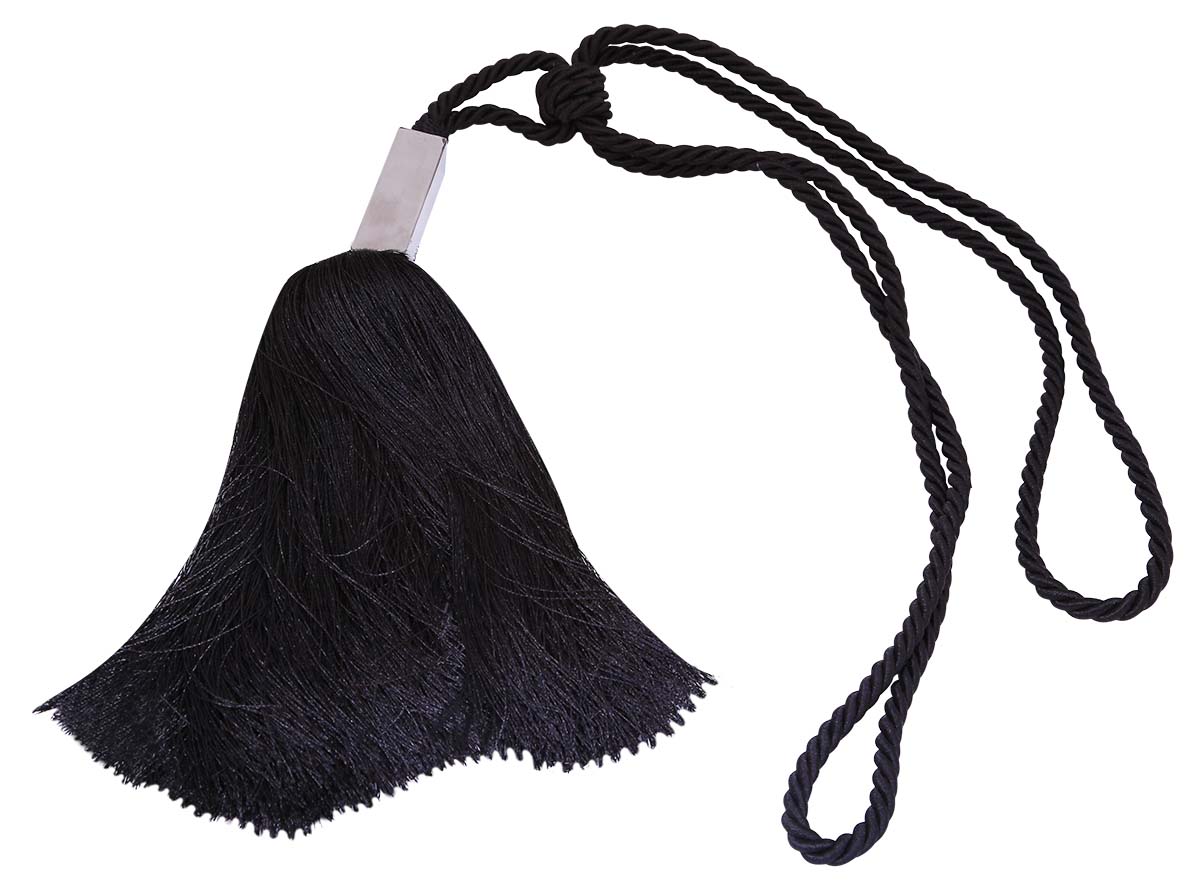 Bulk Wholesale Handmade Black Color Curtain Stopper / Tieback in Braided Design with Tassels – Adorned with a Silver Color Cuboid Metal Ring – Stylish Tying Ropes for Curtains – Home Décor