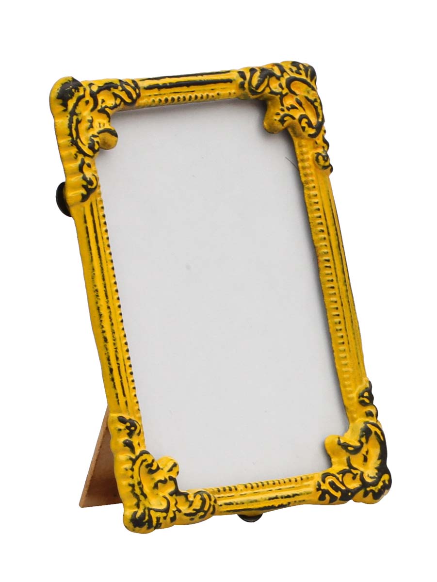 Bulk Buy Rectangular Bright Yellow Distressed-Look Photo/Picture Frame with Beautiful Carvings on the Edges - Wholesale Home Decor Picture Frames from India