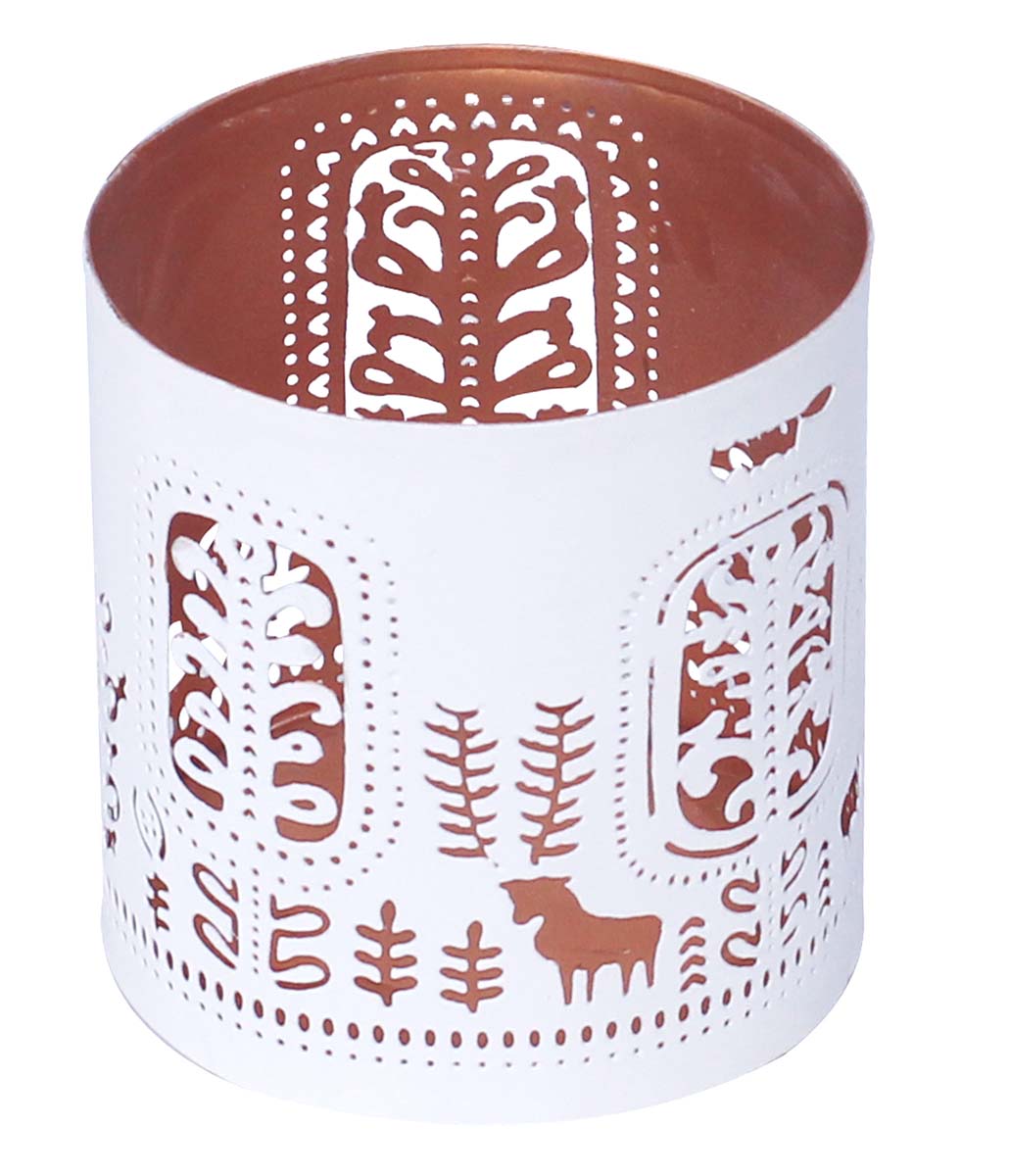 Bulk Wholesale – 4” Handmade White Tea-Light Candle Stand / Votive Candle Holder in Metal with Reindeer & Christmas Tree Cut-Out Patterns – Decorative Centerpieces – Home Décor
