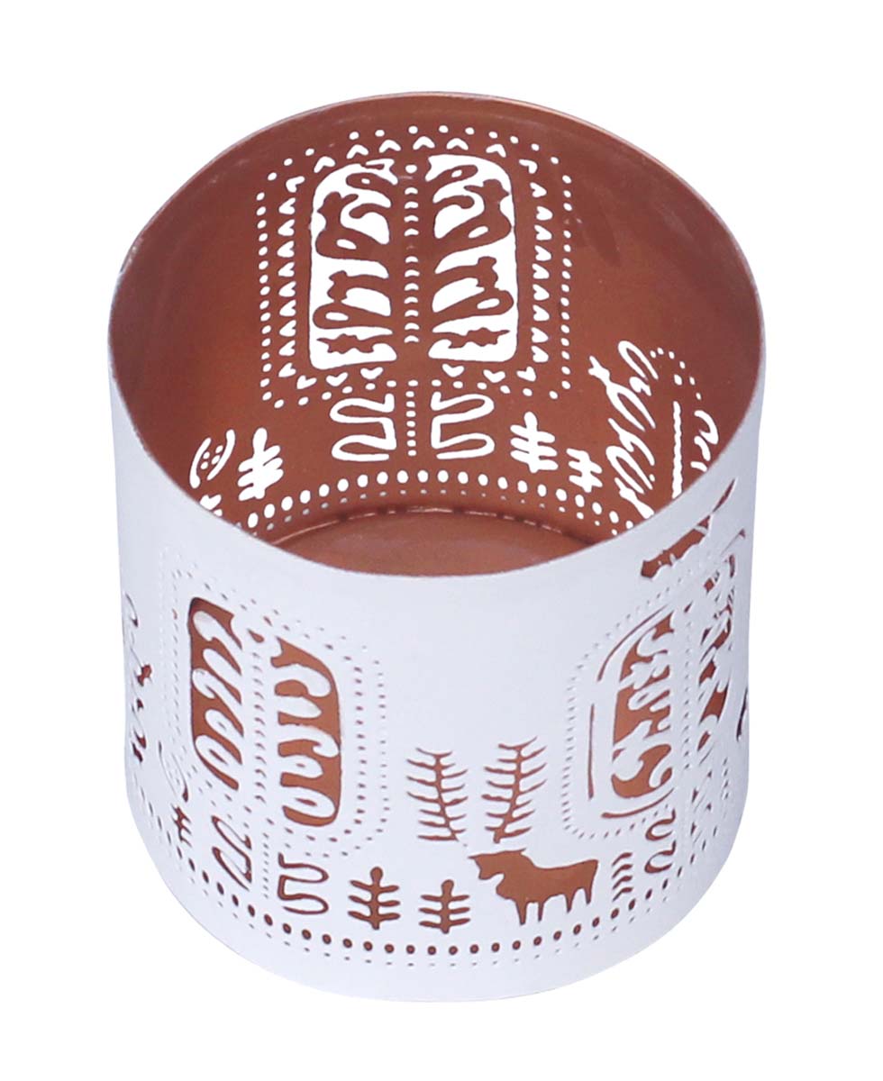 Bulk Wholesale – 4” Handmade White Tea-Light Candle Stand / Votive Candle Holder in Metal with Reindeer & Christmas Tree Cut-Out Patterns – Decorative Centerpieces – Home Décor