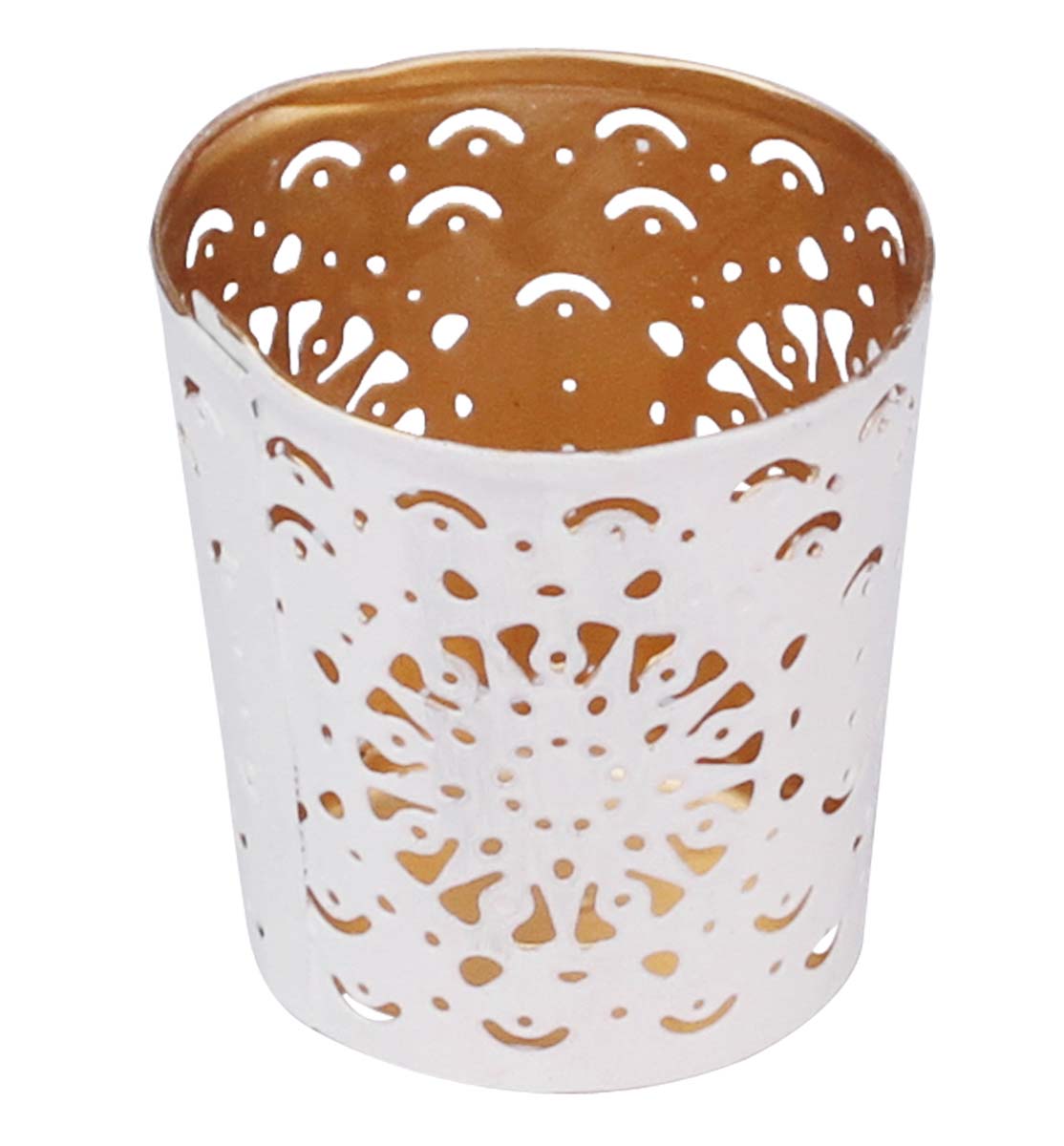 Bulk Buy Wholesale White Tea-Light Candle Stand/Votive Holder in Metal with Cut-Out Patterns 2.5” Handmade - Decorative Centrepieces - Home Decor
