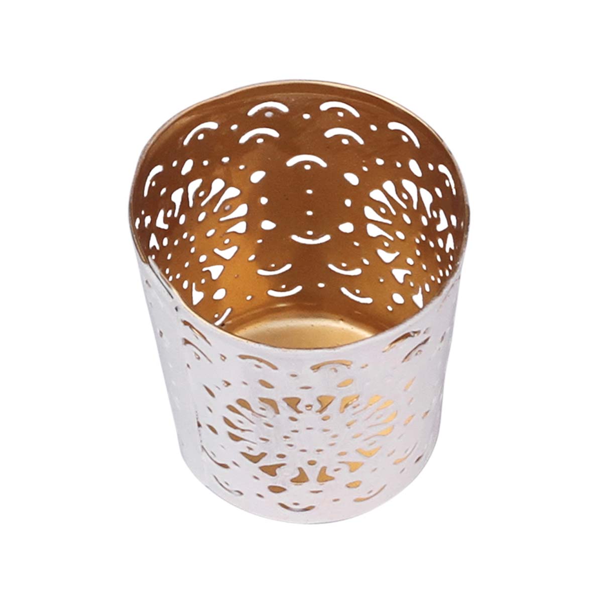 Bulk Buy Wholesale White Tea-Light Candle Stand/Votive Holder in Metal with Cut-Out Patterns 2.5” Handmade - Decorative Centrepieces - Home Decor