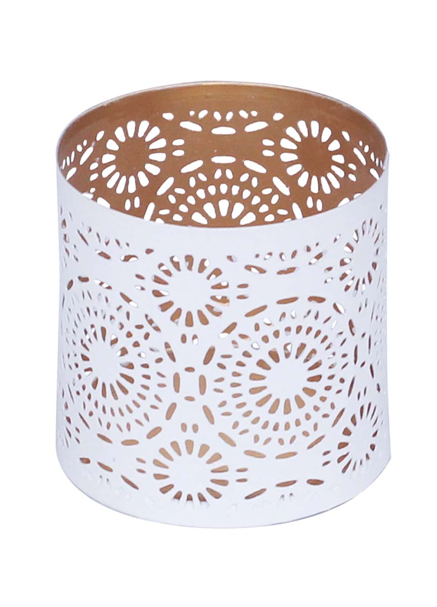 Bulk Wholesale – 3.4” Handmade Cylindrical White Tea-Light Candle Stand / Votive Candle Holder in Metal with Floral Cut-Out Pattern – Decorative Centerpieces – Home Décor