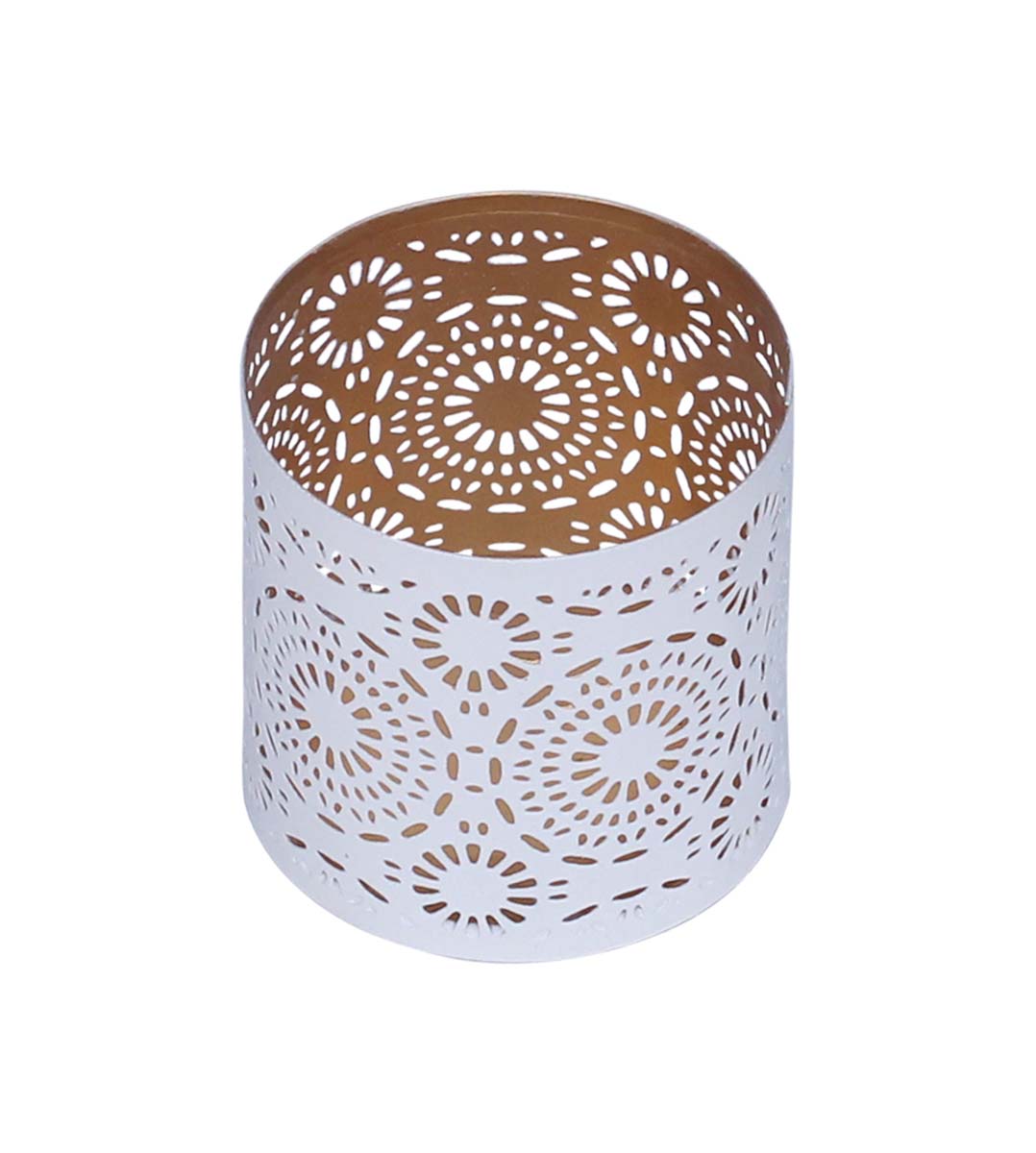 Bulk Wholesale – 3.4” Handmade Cylindrical White Tea-Light Candle Stand / Votive Candle Holder in Metal with Floral Cut-Out Pattern – Decorative Centerpieces – Home Décor
