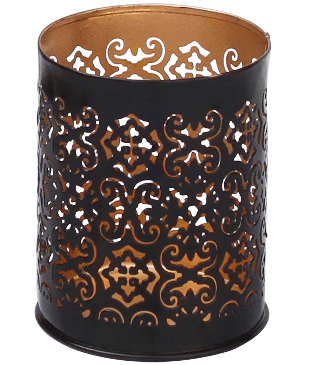 Bulk Wholesale – 3.9” Handmade Black Tea-Light Candle Stand / Votive Candle Holder in Metal with Cut-Out Pattern of Traditional Motifs – Decorative Centerpieces – Home Décor
