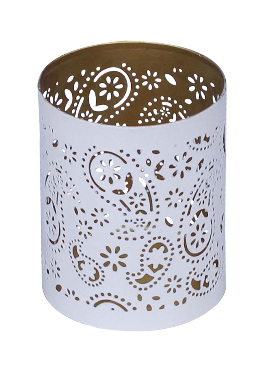 Bulk Wholesale – 4” Handmade White Tea-Light Candle Stand / Votive Candle Holder in Metal with Paisley & Floral Cut-Out Patterns – Decorative Centerpieces – Home Décor