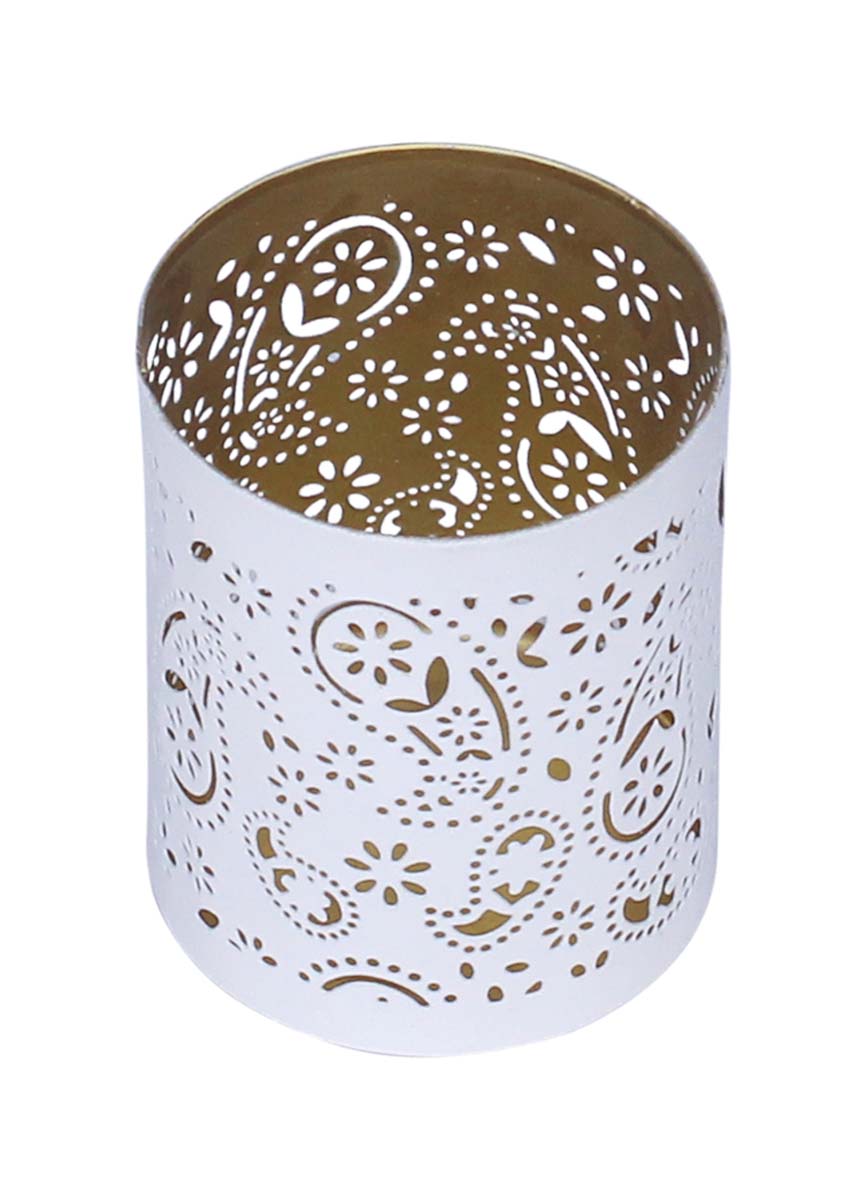 Bulk Wholesale – 4” Handmade White Tea-Light Candle Stand / Votive Candle Holder in Metal with Paisley & Floral Cut-Out Patterns – Decorative Centerpieces – Home Décor