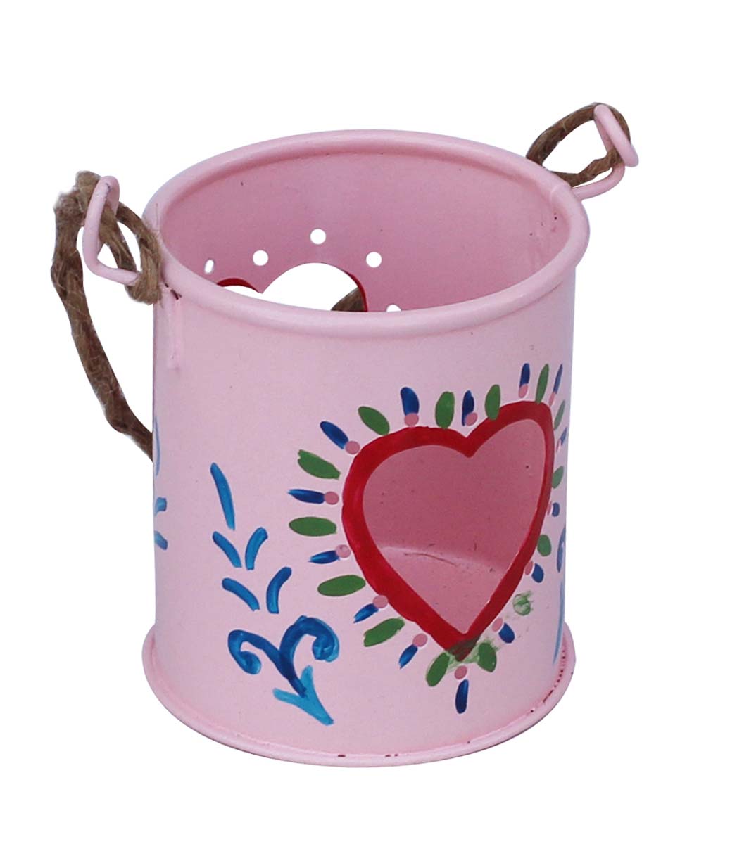 Bulk Wholesale Handmade Pink Color Hanging Tealight Candle Holder / Votive Candle Stand in Metal with Heart Shaped Cut-Out & Painted Floral Pattern – Interior Decorating Items – Home Décor