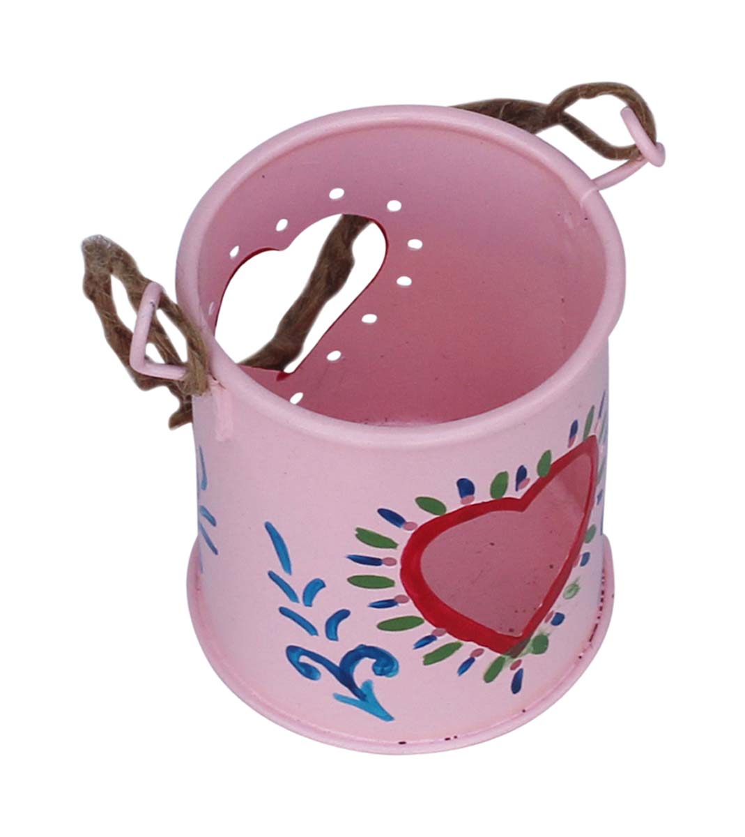 Bulk Wholesale Handmade Pink Color Hanging Tealight Candle Holder / Votive Candle Stand in Metal with Heart Shaped Cut-Out & Painted Floral Pattern – Interior Decorating Items – Home Décor