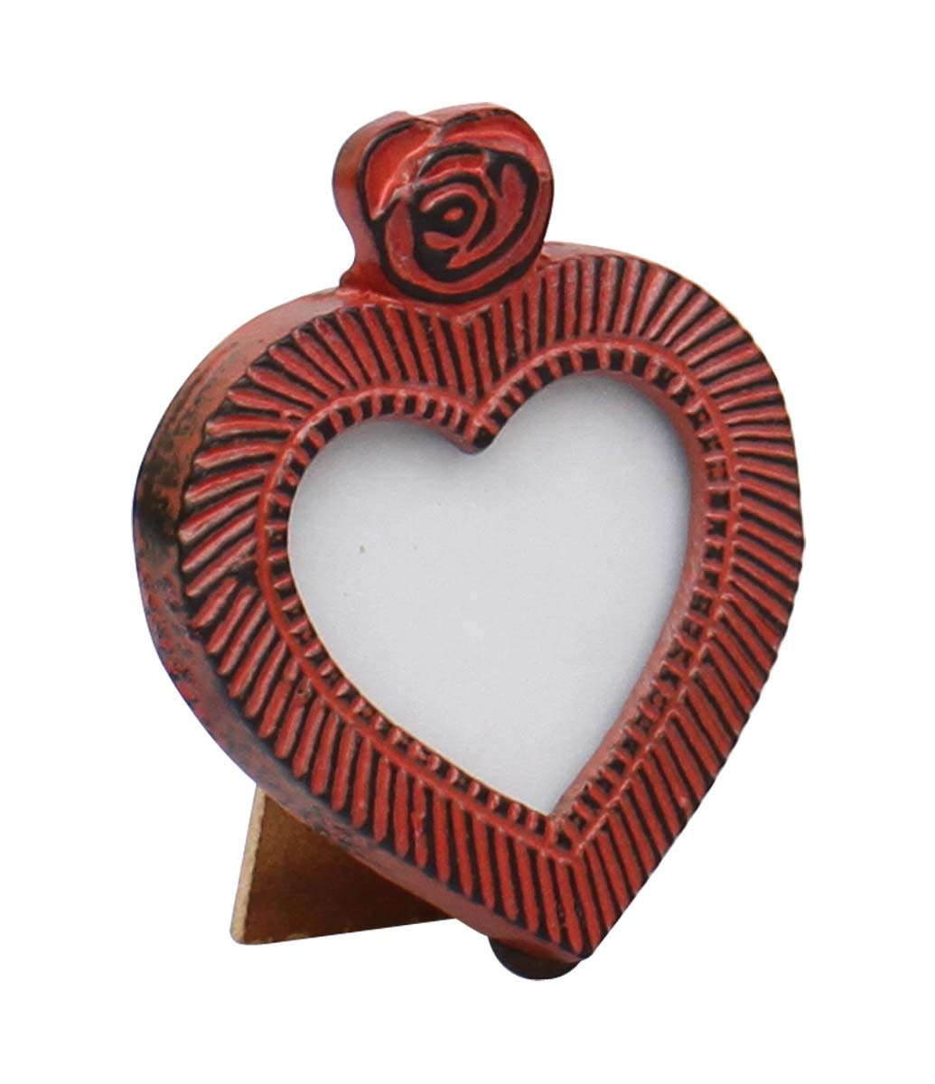 Wholesale Heart-Shaped Metal Picture Frame in Bulk - Source Handmade Red Color Distressed Look Metal Photo Frame Adorned with a Flower Design on the Top - Home Decor Picture Frame from India