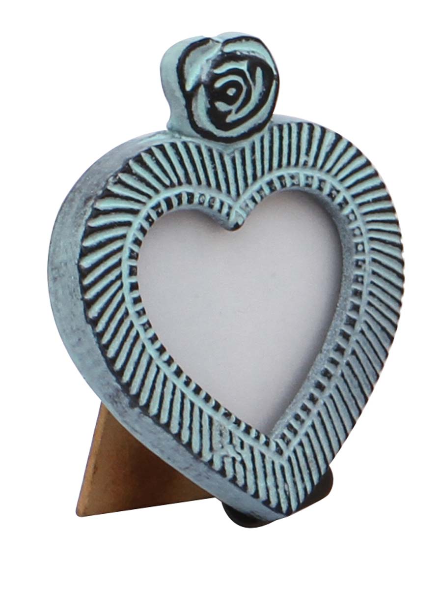 Bulk Buy Heart-Shaped Metal Picture Frame - Wholesale Handmade Light Green Color Distressed Look Metal Photo Frame Adorned with a Flower Design on the Top - Home Decor Picture Frame from India