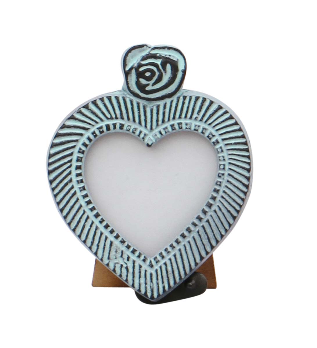 Bulk Buy Heart-Shaped Metal Picture Frame - Wholesale Handmade Light Green Color Distressed Look Metal Photo Frame Adorned with a Flower Design on the Top - Home Decor Picture Frame from India