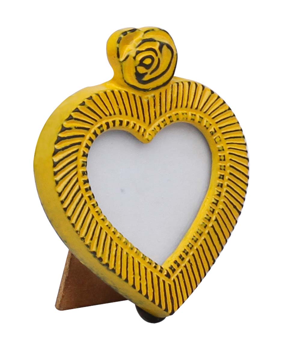 Bulk Buy Heart-Shaped Metal Picture Frame - Wholesale Handmade Bright Yellow Color Distressed Look Metal Photo Frame Adorned with a Flower Design on the Top - Home Decor Picture Frame from India
