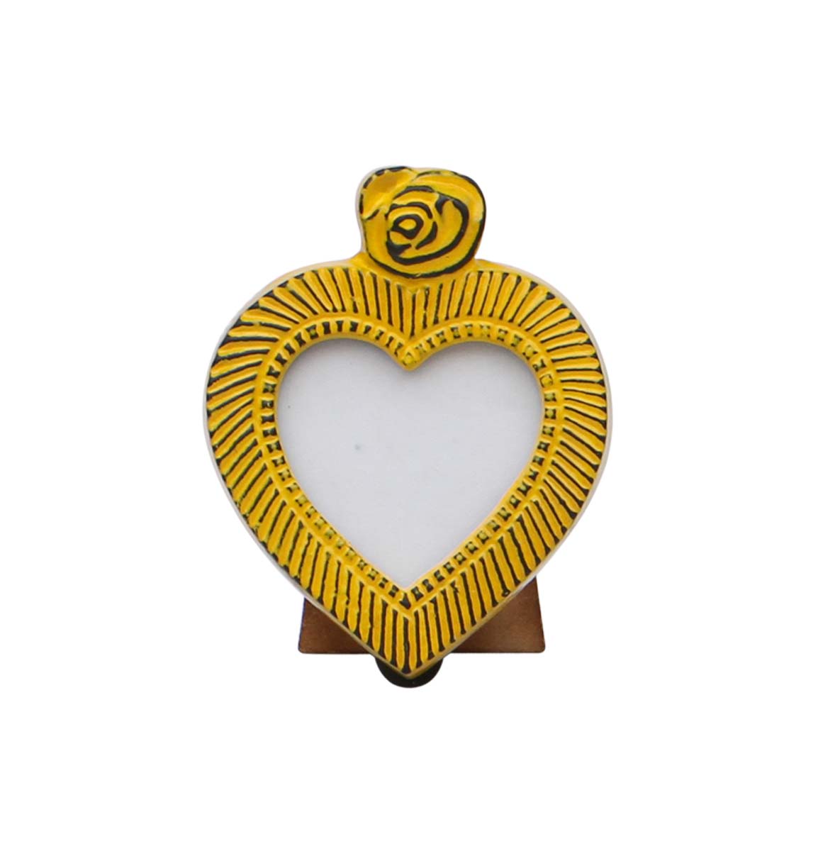 Bulk Buy Heart-Shaped Metal Picture Frame - Wholesale Handmade Bright Yellow Color Distressed Look Metal Photo Frame Adorned with a Flower Design on the Top - Home Decor Picture Frame from India
