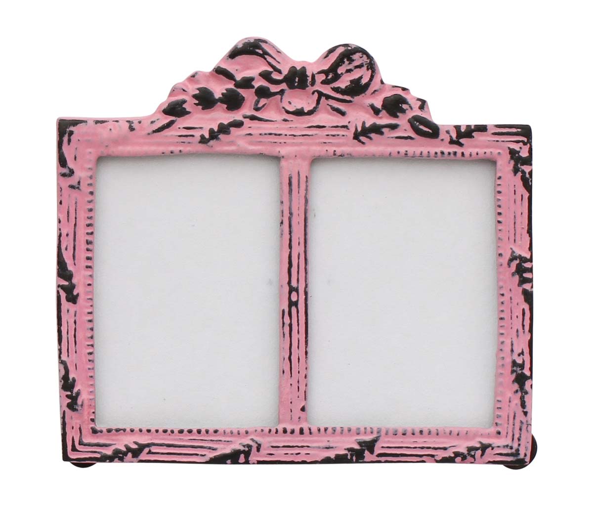 Bulk Buy Pink Double Photo/Picture Frame Adorned in Metal Work Decorated with a Bow Design on the Top with Distressed-Look - Wholesale Home Decor Picture Frame from India