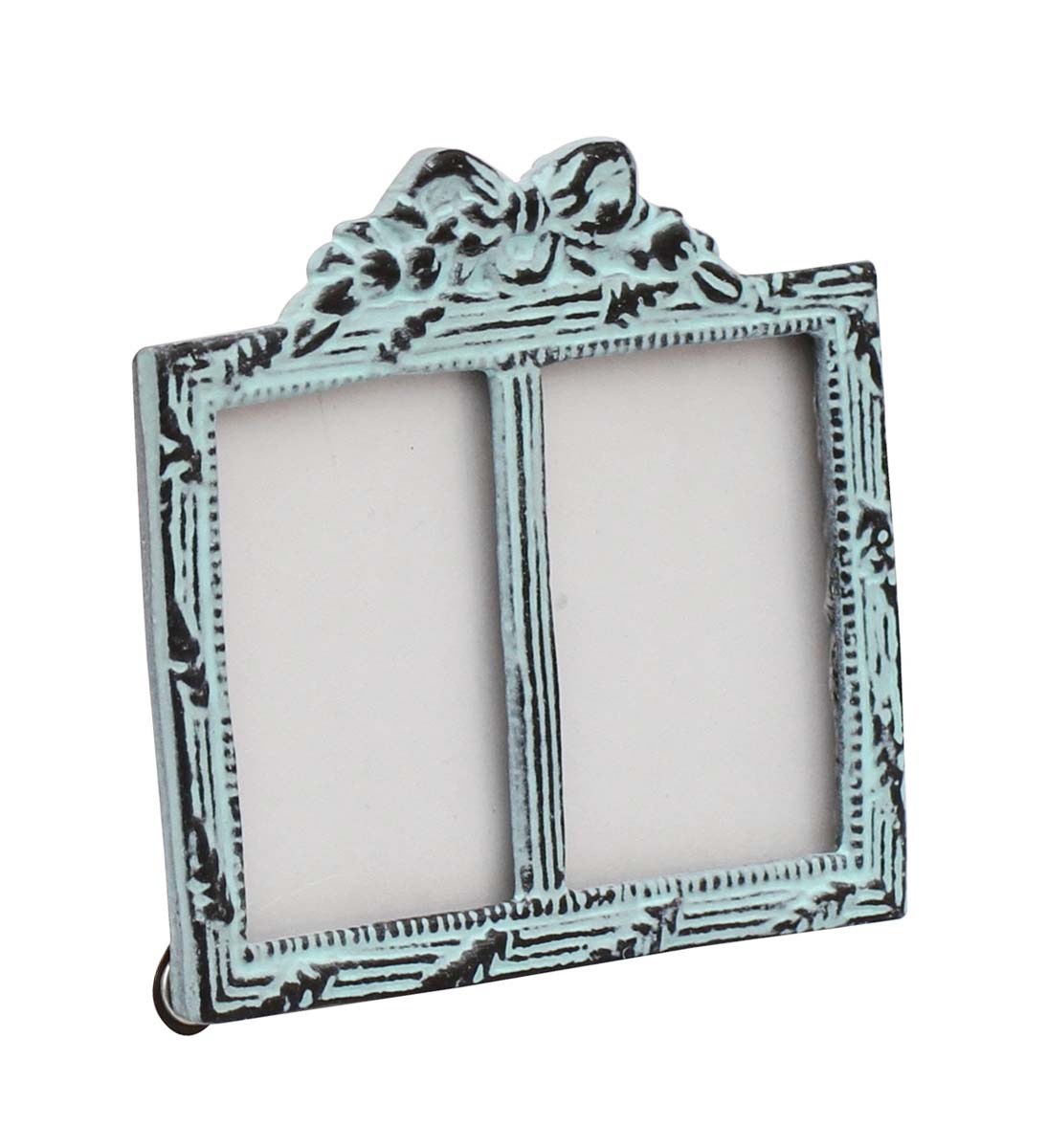 Bulk Buy Light Blue Double Photo/Picture Frame Adorned in Metal Work Decorated with a Bow Design on the Top with Distressed-Look - Wholesale Home Decor Picture Frame from India