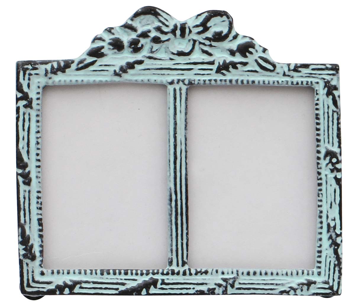 Bulk Buy Light Blue Double Photo/Picture Frame Adorned in Metal Work Decorated with a Bow Design on the Top with Distressed-Look - Wholesale Home Decor Picture Frame from India