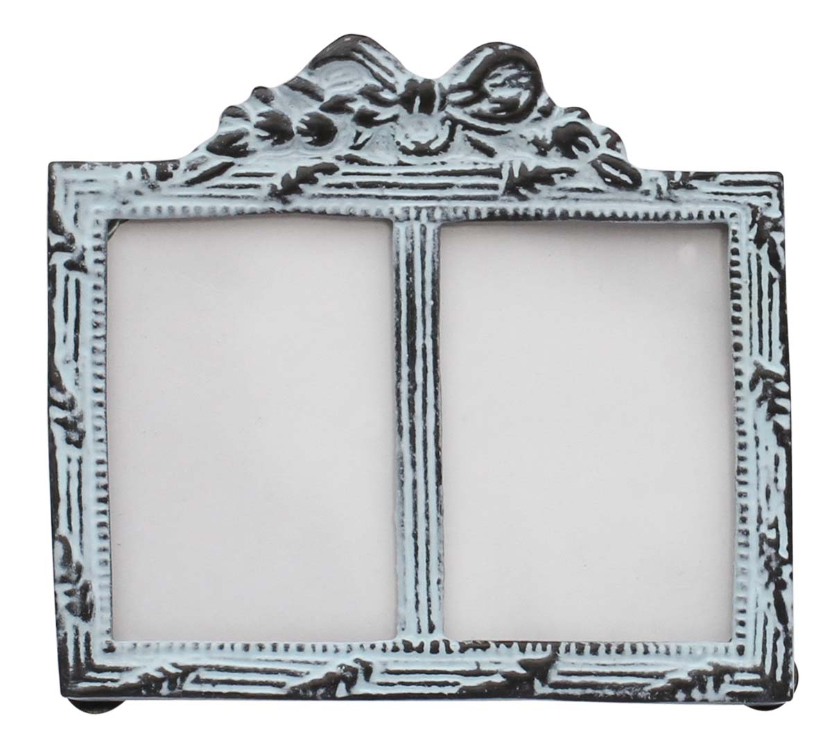 Bulk Source Brown Double Photo/Picture Frame Adorned in Metal Work Decorated with a Bow Design on the Top with Distressed-Look - Wholesale Home Decor Picture Frame from India
