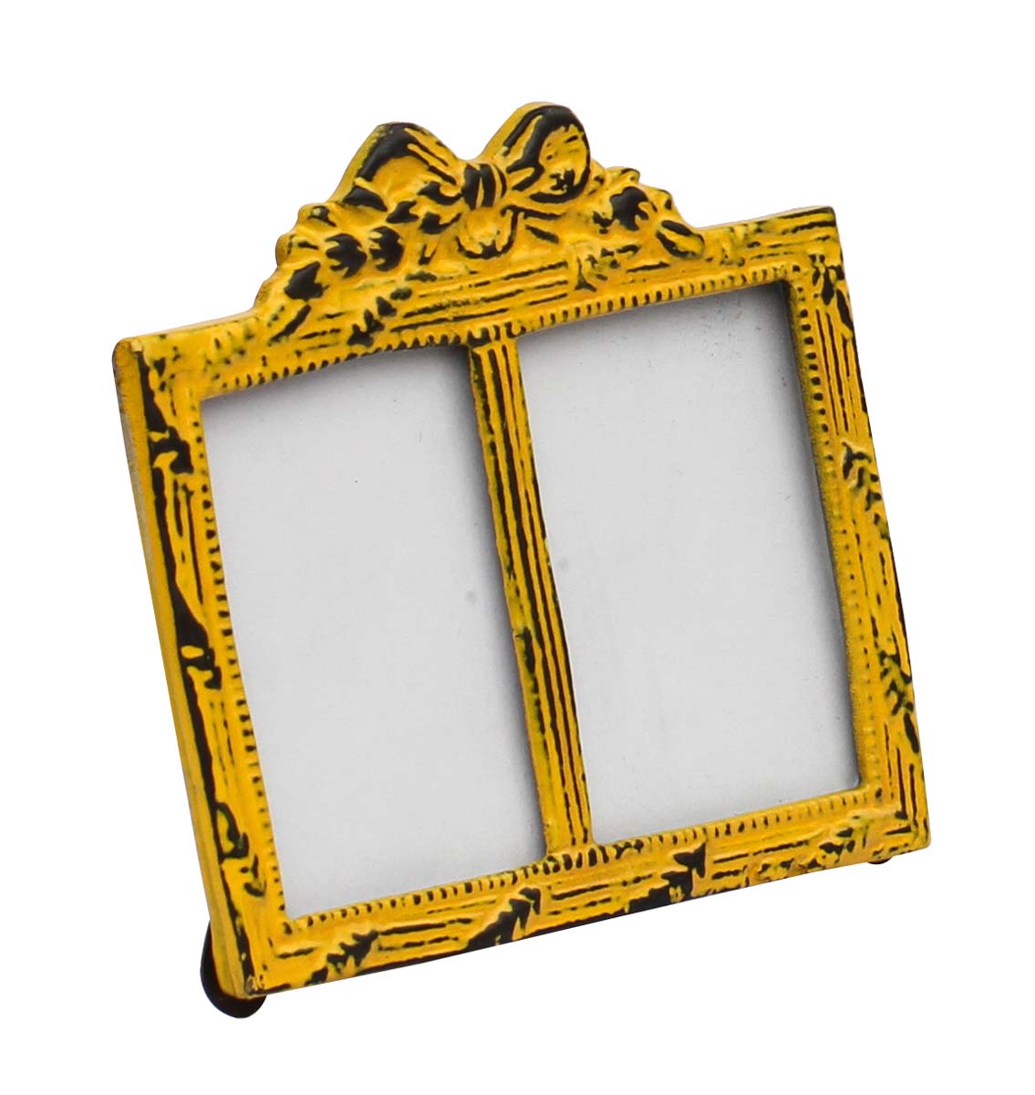 Wholesale Bright Yellow Double Photo/Picture Frame Adorned in Metal Work Decorated with a Bow Design on the Top with Distressed-Look - Bulk Source Home Decor Picture Frame from India