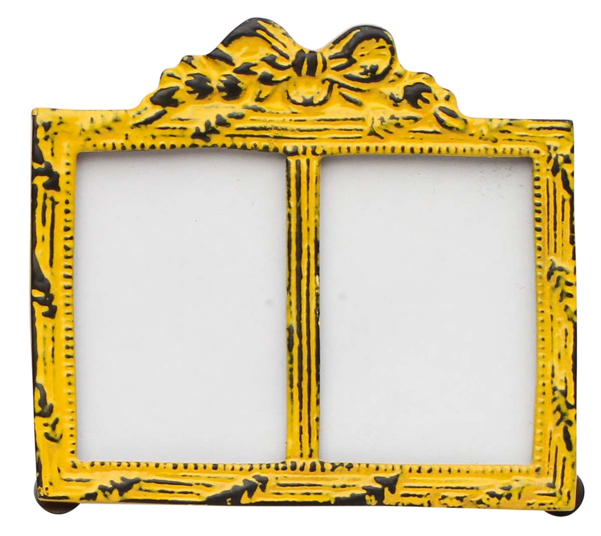 Wholesale Bright Yellow Double Photo/Picture Frame Adorned in Metal Work Decorated with a Bow Design on the Top with Distressed-Look - Bulk Source Home Decor Picture Frame from India