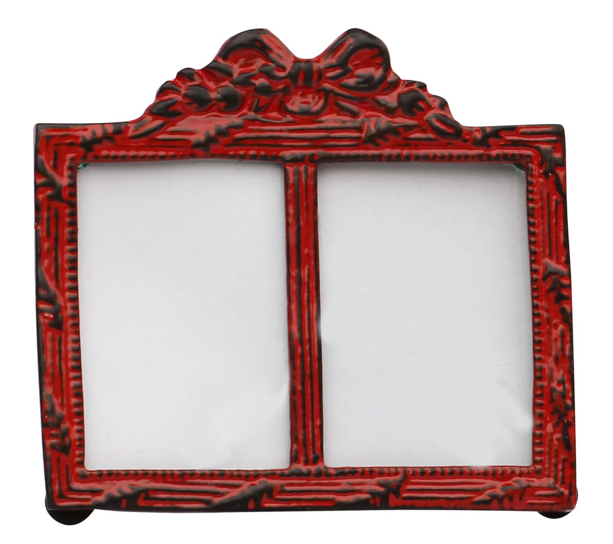 Bulk Buy Red Color Double Photo/Picture Frame Adorned in Metal Work Decorated with a Bow Design on the Top with Distressed-Look - Wholesale Home Decor Picture Frame from India