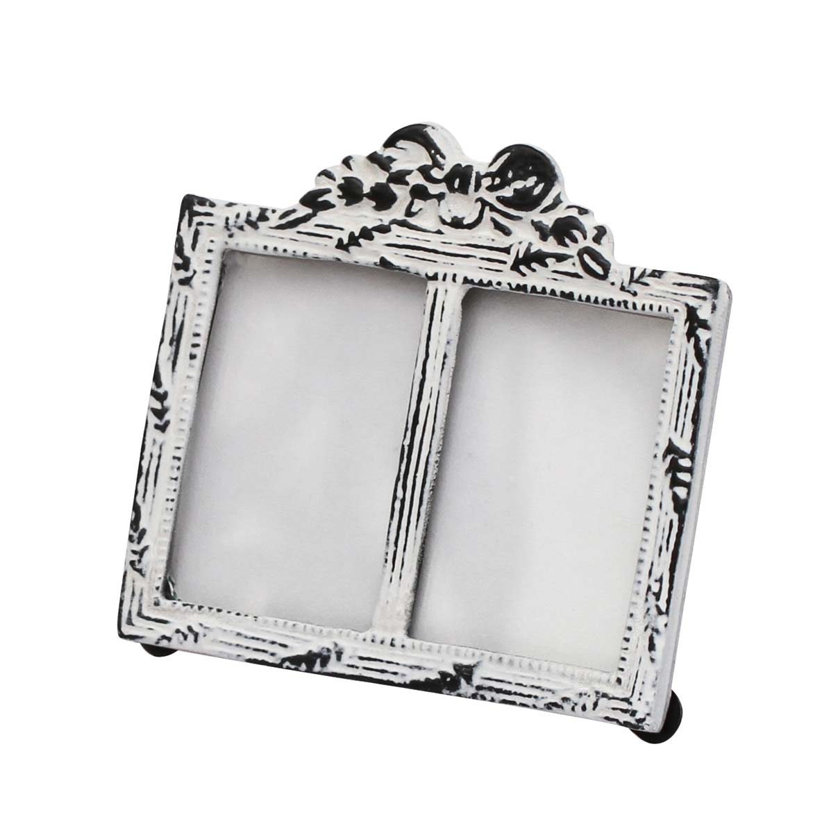 Bulk Source White Double Photo/Picture Frame Adorned in Metal Work Decorated with a Bow Design on the Top with Distressed-Look - Wholesale Home Decor Picture Frame from India