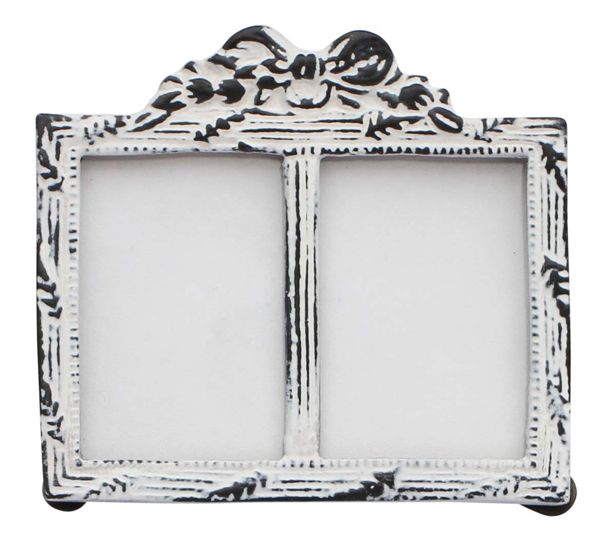 Bulk Source White Double Photo/Picture Frame Adorned in Metal Work Decorated with a Bow Design on the Top with Distressed-Look - Wholesale Home Decor Picture Frame from India
