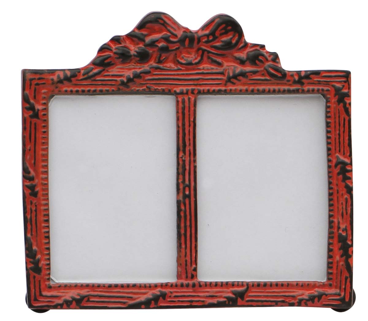 Bulk Buy Red Double Photo/Picture Frame Adorned in Metal Work Decorated with a Bow Design on the Top with Distressed-Look - Wholesale Home Decor Picture Frame from India