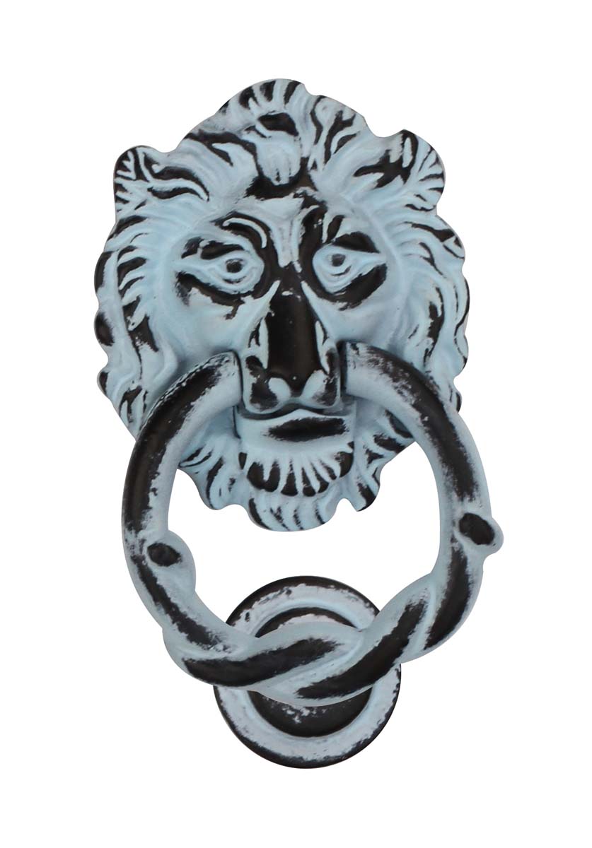 Bulk Wholesale Handmade Lion Head Door Knocker in Sky Blue Color with Distressed-Finish - Door Accessories - Home Decor