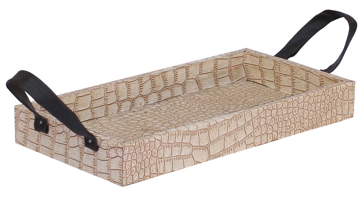 Bulk Wholesale Decorative Tray in MDF with Faux Leather Cover Handmade Beige Color - Designed with Faux Leather Handles in Black - Table Accessories - Home Decor