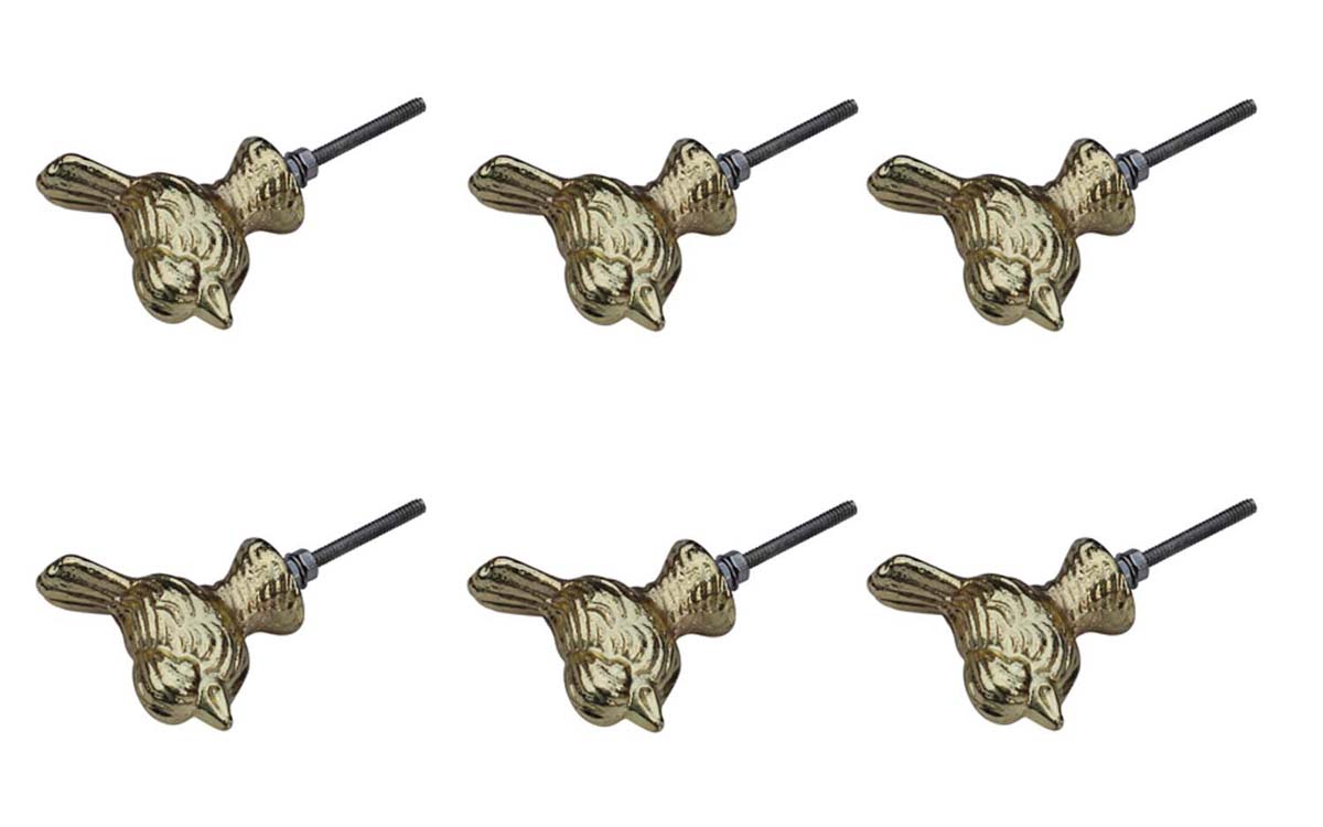 Bulk Wholesale Set of 6 Handmade Bird Design Knobs / Pulls in Metal with Golden Finish – Decorative Handles for Drawers / Dressers / Cabinets – Rich-Look Home Décor