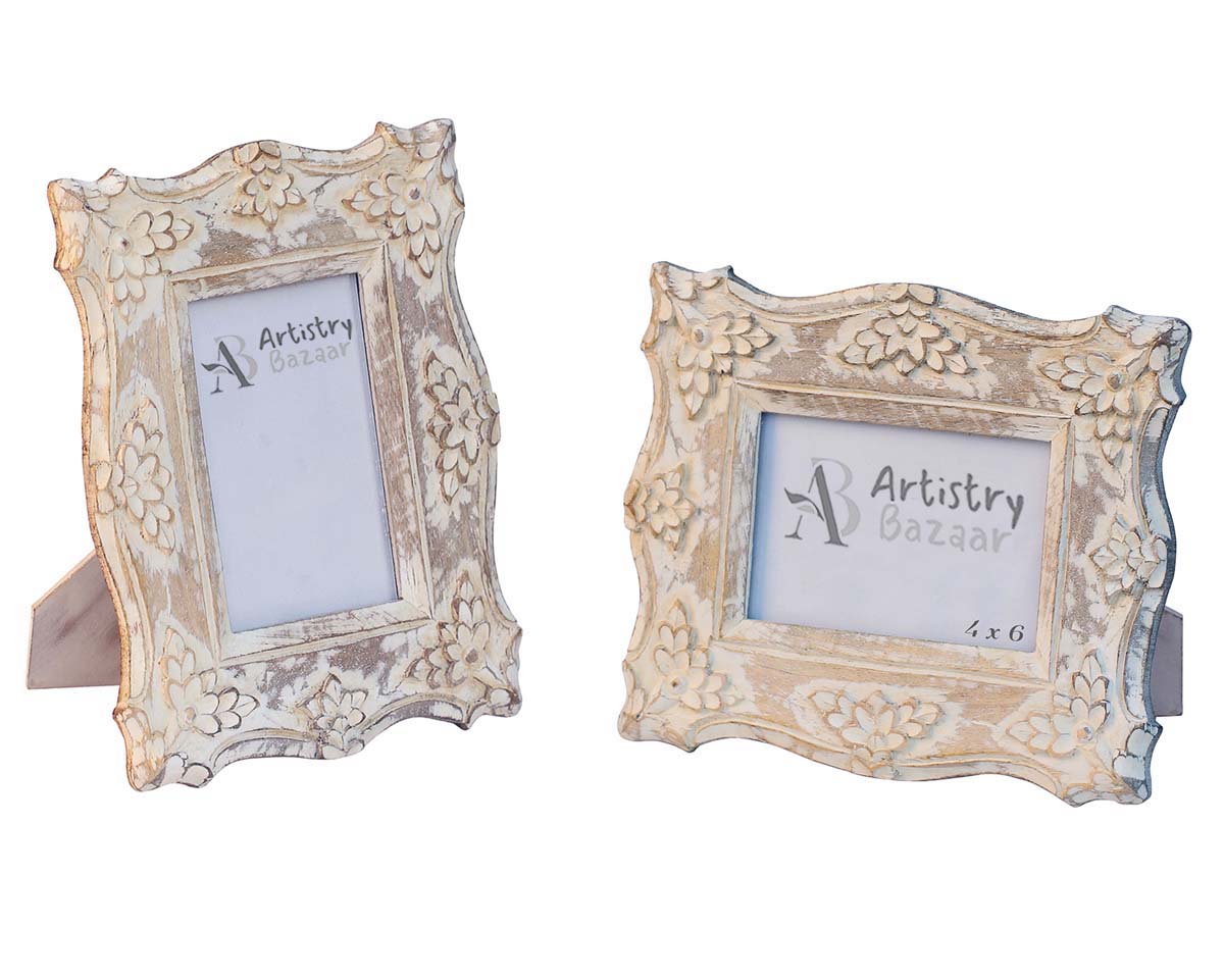 Buy 4x6” Wooden Shabby Chic Picture Frame in Bulk - Wholesale Hand Crafted Floral Appliqués Photo Frame - Hand Painted White In Distressed Whitewashed Finish - Home & Office Decor