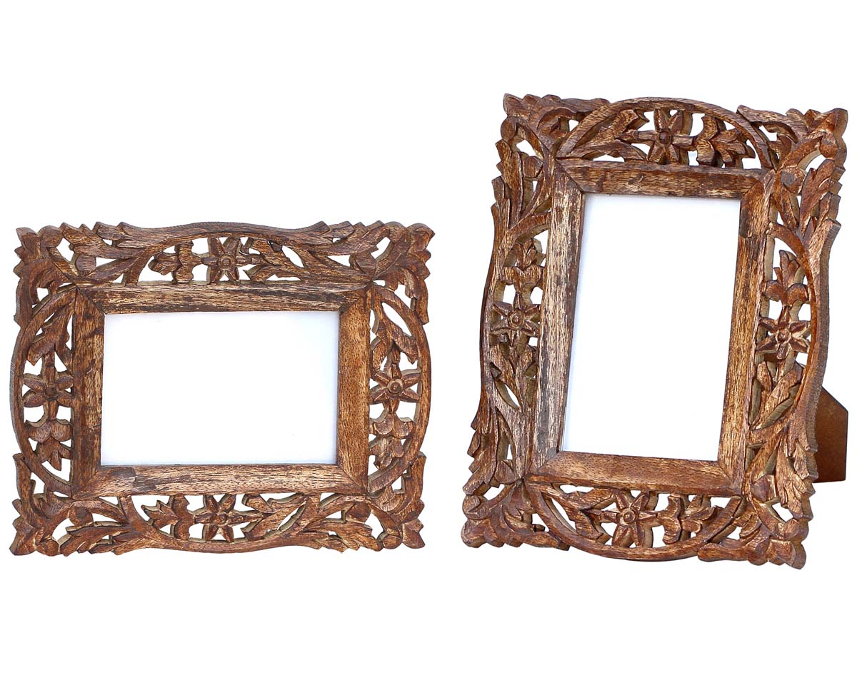 Wholesale 4x6 Inches Brown Picture Frame in Bulk - Hand Carved Vintage-Look Wooden Photo Frame in Jali Work - Home Decor Picture Frames from India