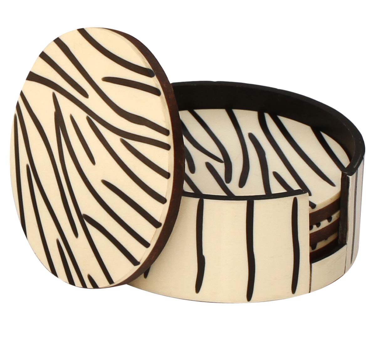 Buy in Bulk Wholesale - Handmade 4.1” Coasters with Holder - Set of 4 - With Black Pattern on Off-White Base - MDF & Acrylic