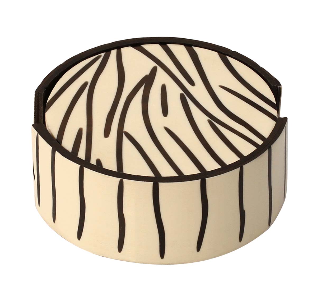 Buy in Bulk Wholesale - Handmade 4.1” Coasters with Holder - Set of 4 - With Black Pattern on Off-White Base - MDF & Acrylic