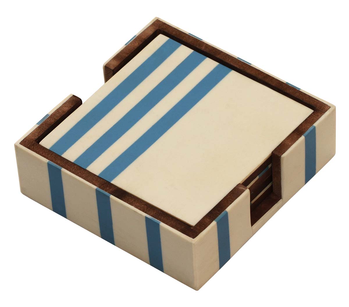 Buy in Bulk Wholesale MDF Square Coasters in Set Of 4 with Holder Handmade in Blue & Off-white Colors