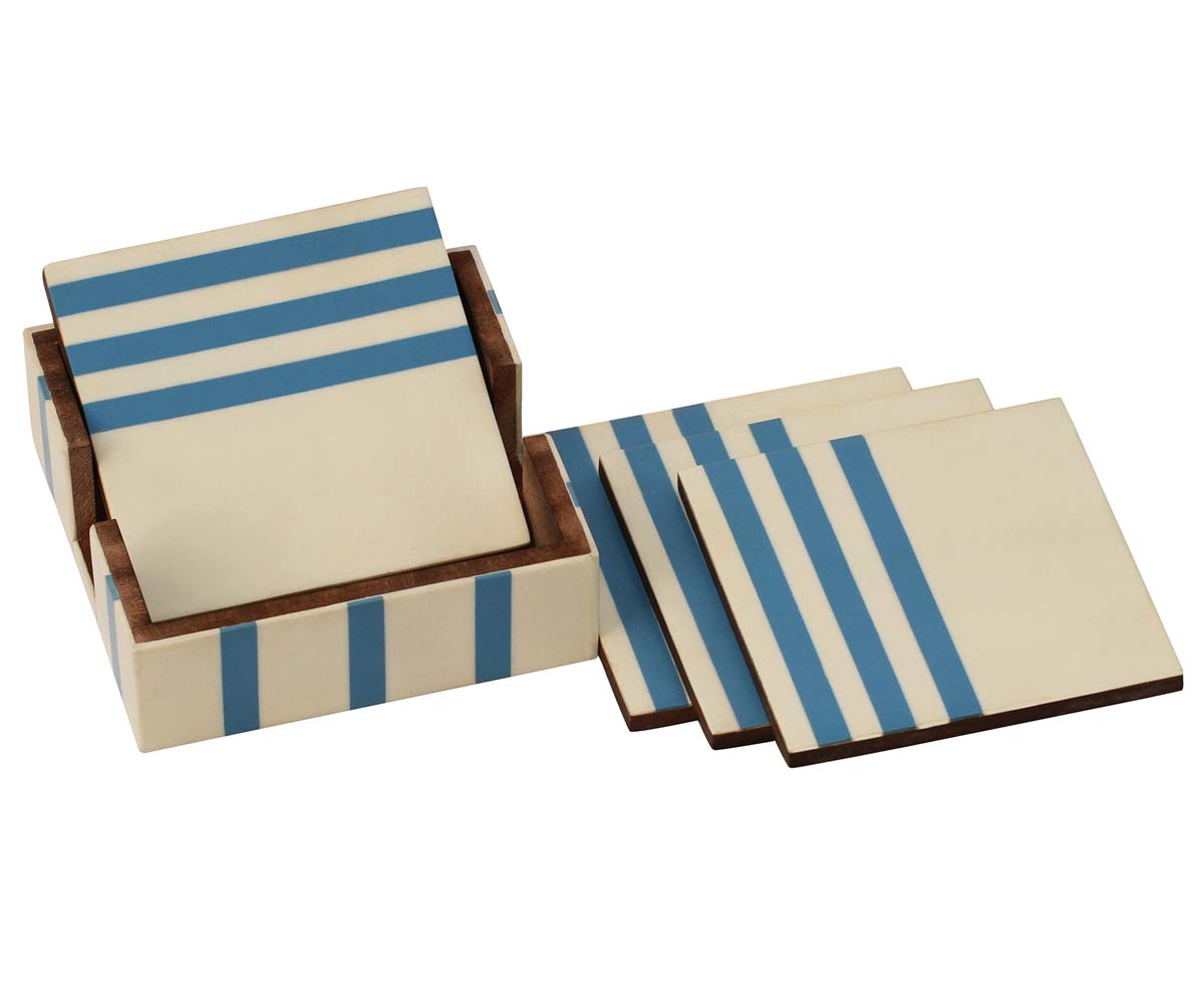 Buy in Bulk Wholesale MDF Square Coasters in Set Of 4 with Holder Handmade in Blue & Off-white Colors